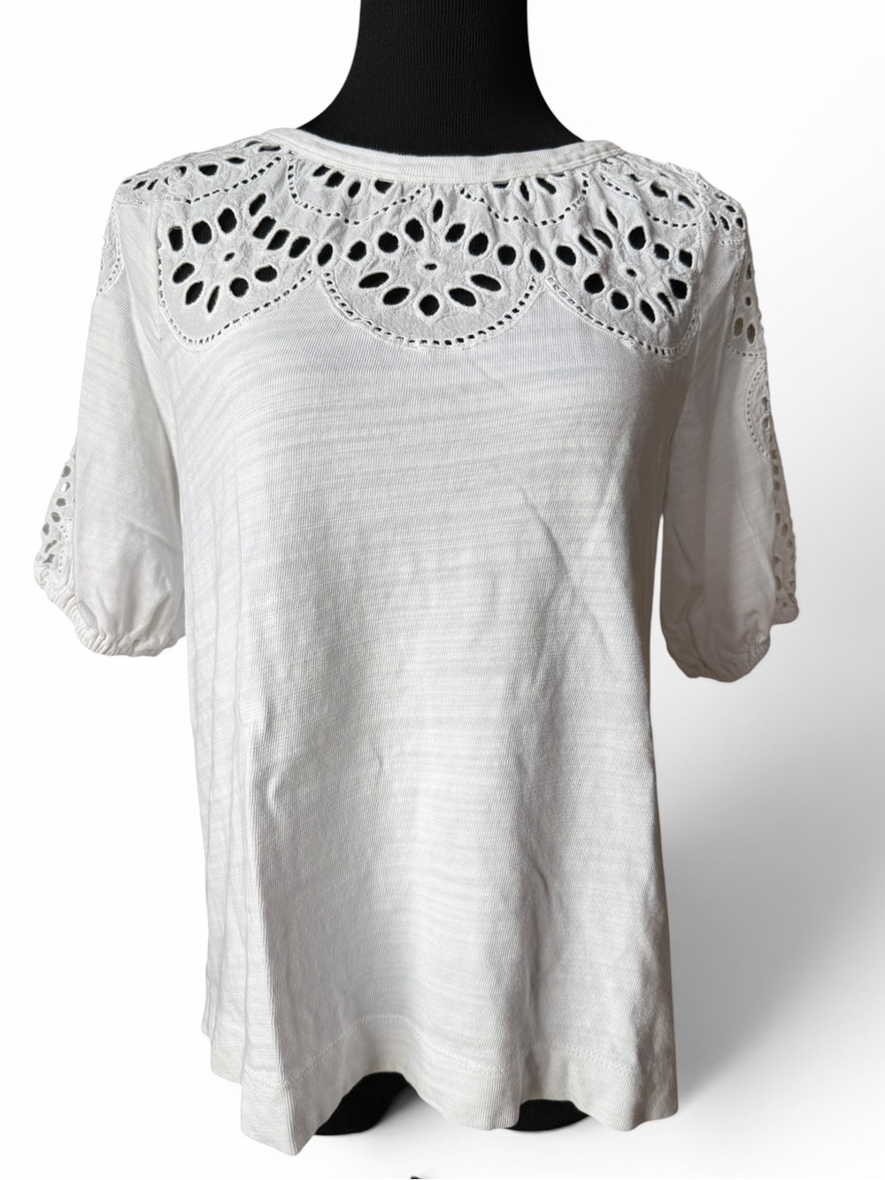 LOFT White 100% Cotton Eyelet Lace Yoke Blouse Size Small Boho Cottagecore Top